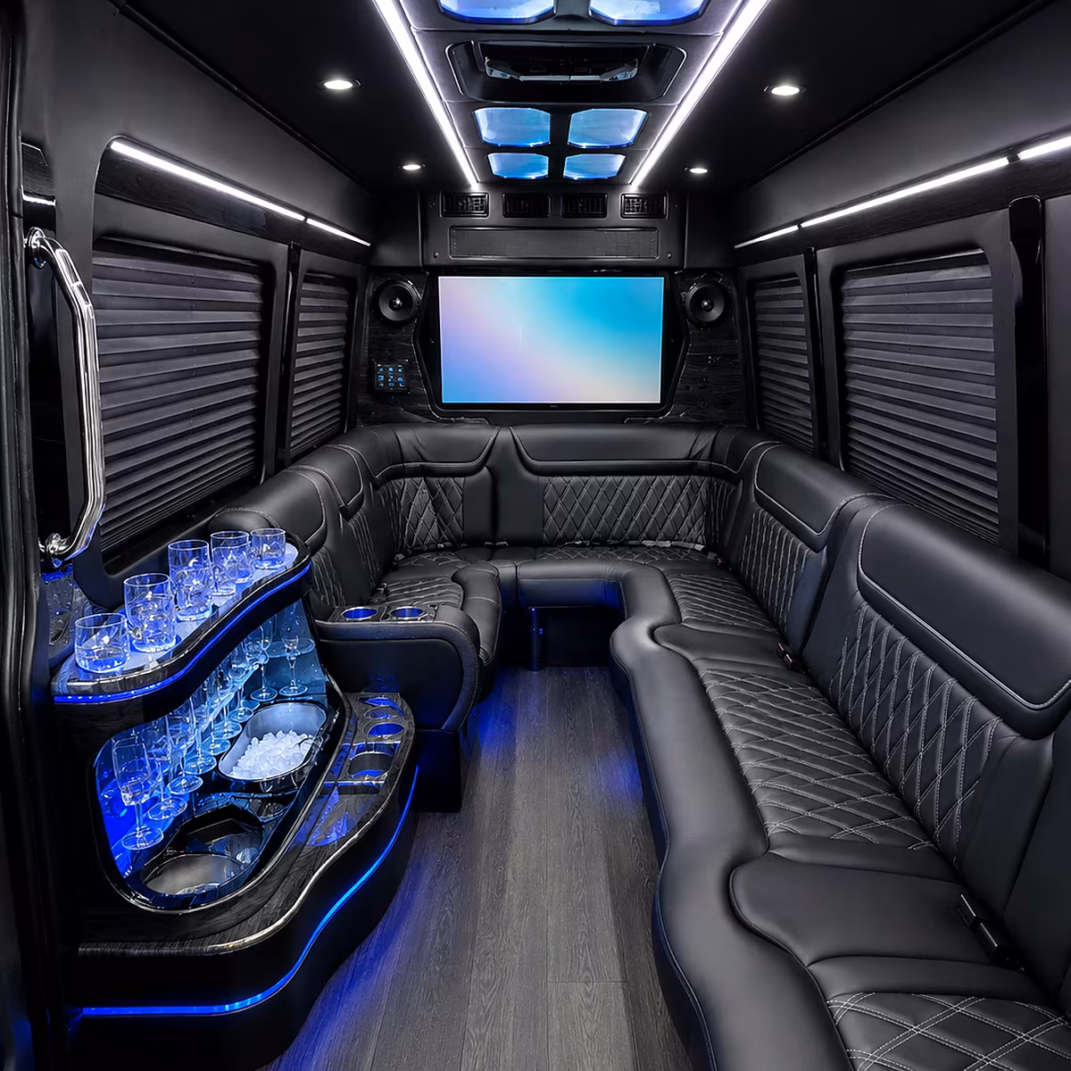 Wedding guests seated inside a party bus serving Glendale