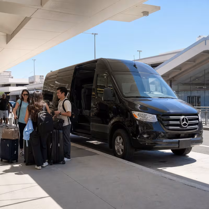Group boarding a white charter bus for Airport Transportation transportation in Glendale