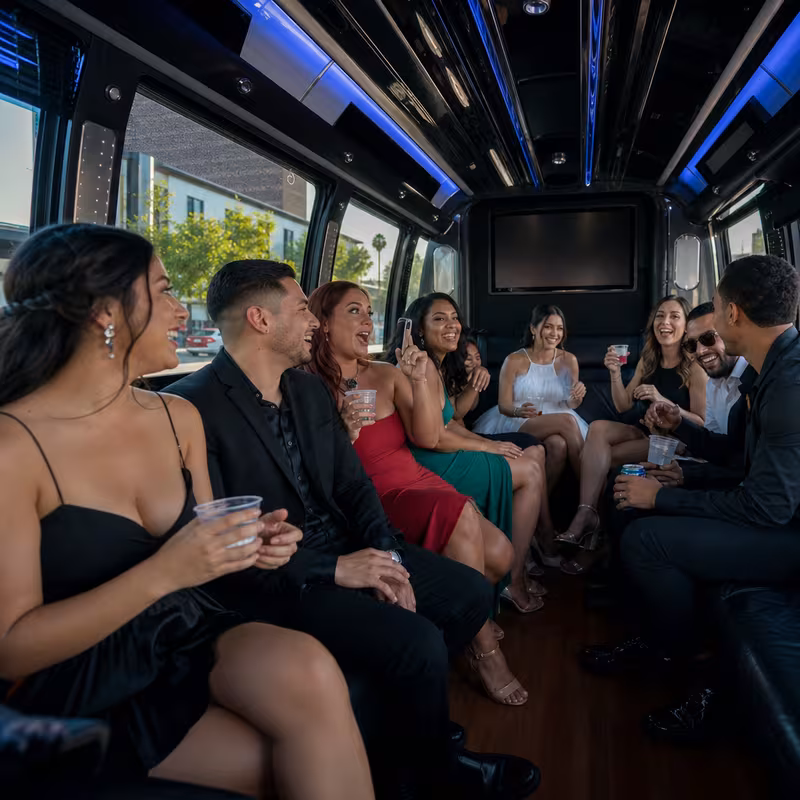 Party bus interior with wraparound leather seating and LED lighting in Glendale
