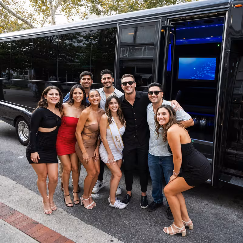 Party bus interior with wraparound leather seating and LED lighting in Glendale
