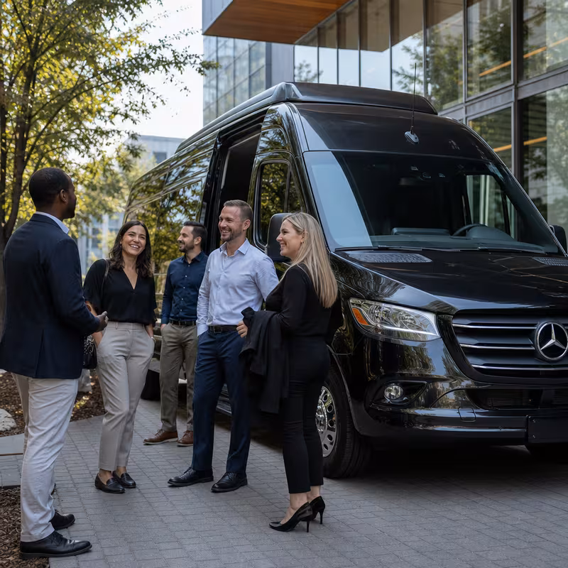 Party bus interior with wraparound leather seating and LED lighting in Glendale