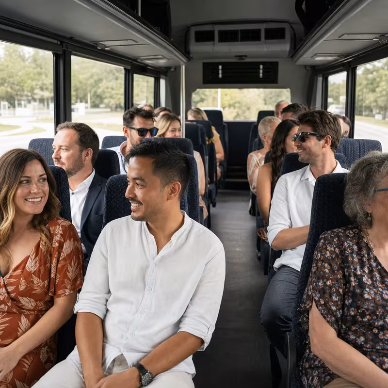 Group boarding a white charter bus for Private Event Transportation transportation in Glendale