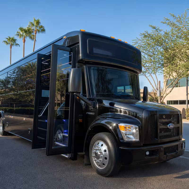 Party bus interior with wraparound leather seating and LED lighting in Glendale